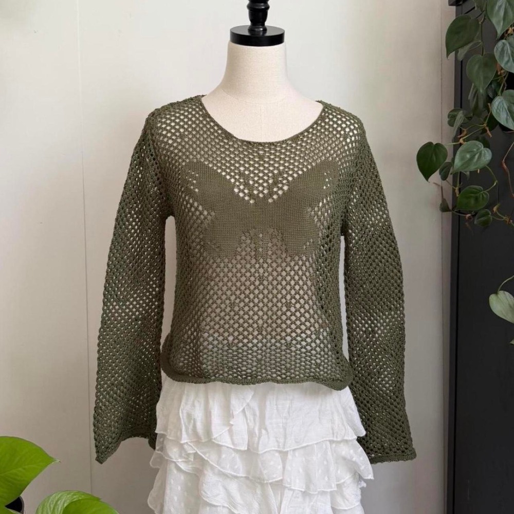 Romwe Womens Olive Green Crochet Butterfly Bell Sleeve Sweater Boho Top XL